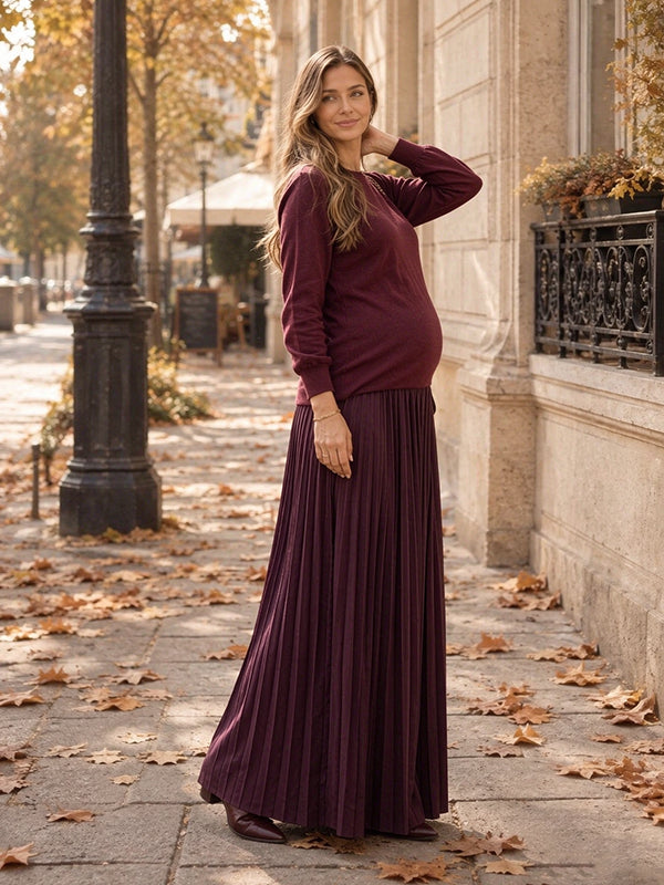 Red Crochet Patchwork Pleated Maternity Maxi Dress with Crochet Patchwork & Pleated Details