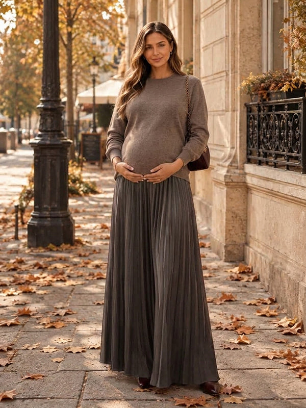 Khaki Crochet Patchwork Pleated Maternity Maxi Dress with Crochet Patchwork & Pleated Details and Loose Fit Maxi, Everyday & Special Occasions