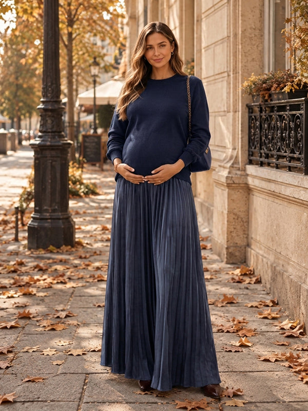 Blue Crochet Patchwork Pleated Maternity Maxi Dress with Crochet Patchwork & Pleated Details and Loose Fit Maxi, Everyday & Special Occasions