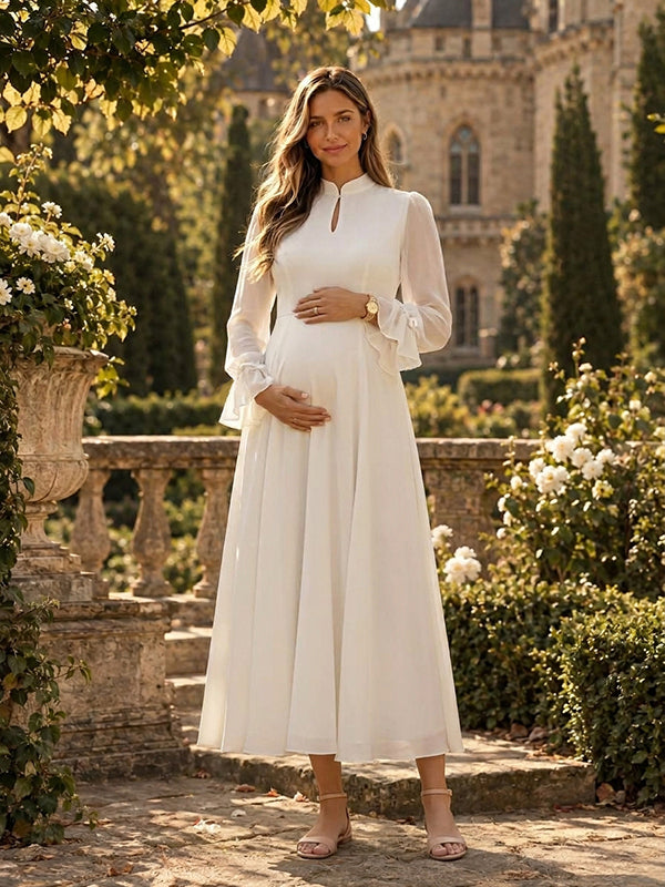 White A-Line Falbala Maternity Maxi Dress with A-Line Falbala Details and Flowy Loose Fit Maxi, Everyday & Special Occasions