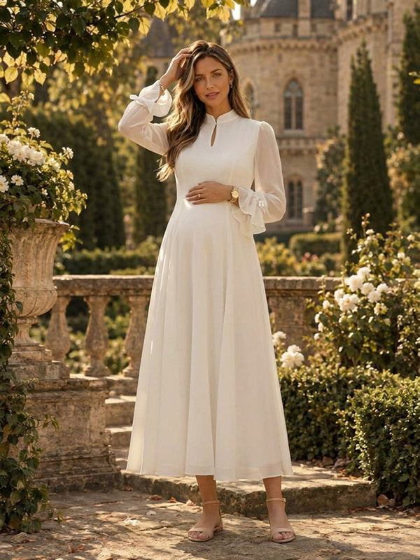 White A-Line Falbala Maternity Maxi Dress with A-Line Falbala Details Flowy Loose Fit Maxi