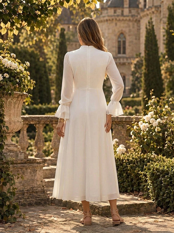 White A-Line Falbala Maternity Maxi Dress with A-Line Falbala Details