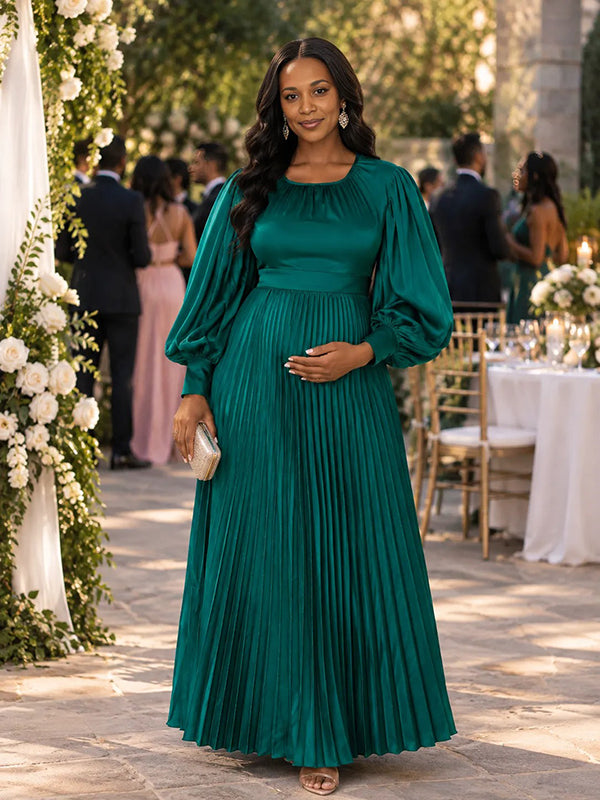 Green Pleated Flowy Wedding Guests Maternity Maxi Dress with Elegant Pleated & Flowy Fabric and Flexible Loose Fit Maxi, Special Occasions & Wedding Guests