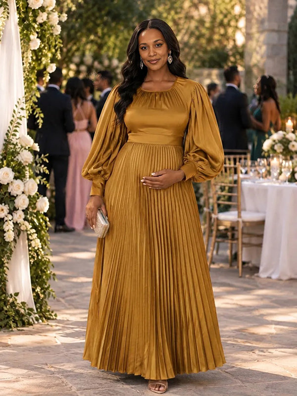 Golden Pleated Flowy Wedding Guests Maternity Maxi Dress with Elegant Pleated & Flowy Fabric and Flexible Loose Fit Maxi, Special Occasions & Wedding Guests