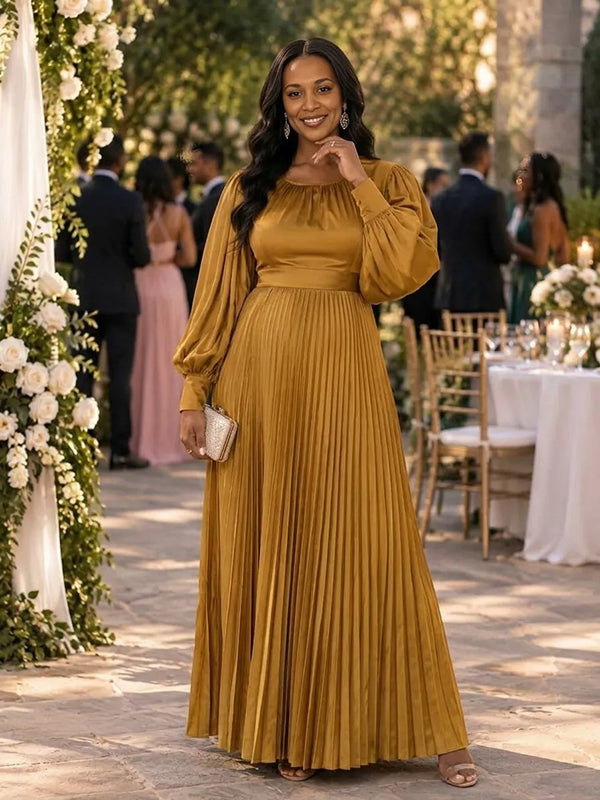 Golden Pleated Flowy Wedding Guests Maternity Maxi Dress with Elegant Pleated & Flowy Fabric Flexible Loose Fit Maxi