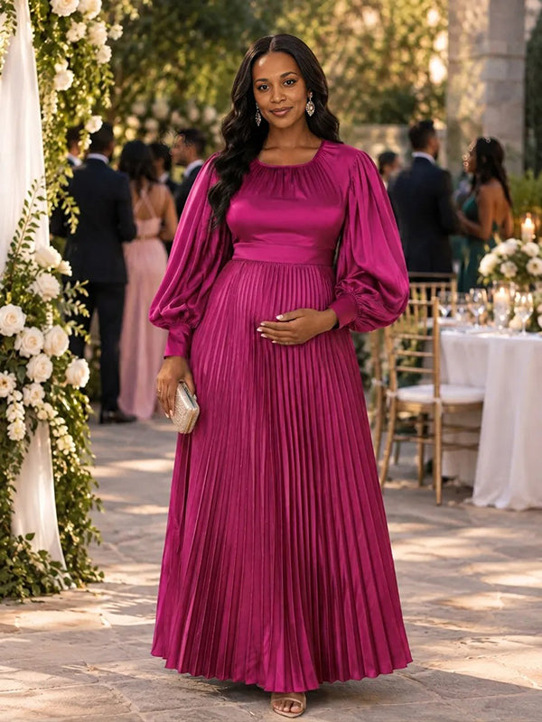 Rose Carmine Pleated Flowy Wedding Guests Maternity Maxi Dress with Elegant Pleated & Flowy Fabric and Flexible Loose Fit Maxi, Special Occasions & Wedding Guests