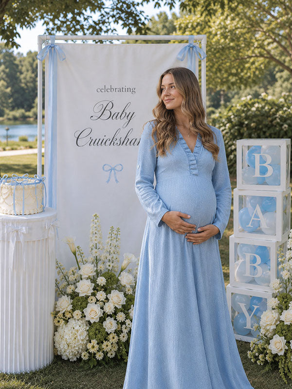 Flowy V-Neck Maternity Maxi Dress with Falbala Ruffle Placket and Roll-Tab Long Sleeves