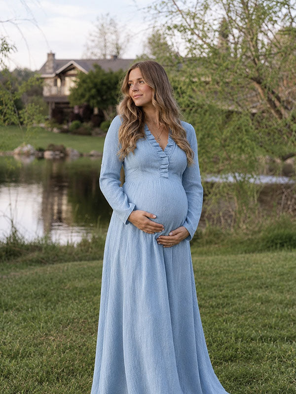 Blue Ruffled Maternity Sun Maxi Gown with Tie Back and Empire Waist in Courtyard