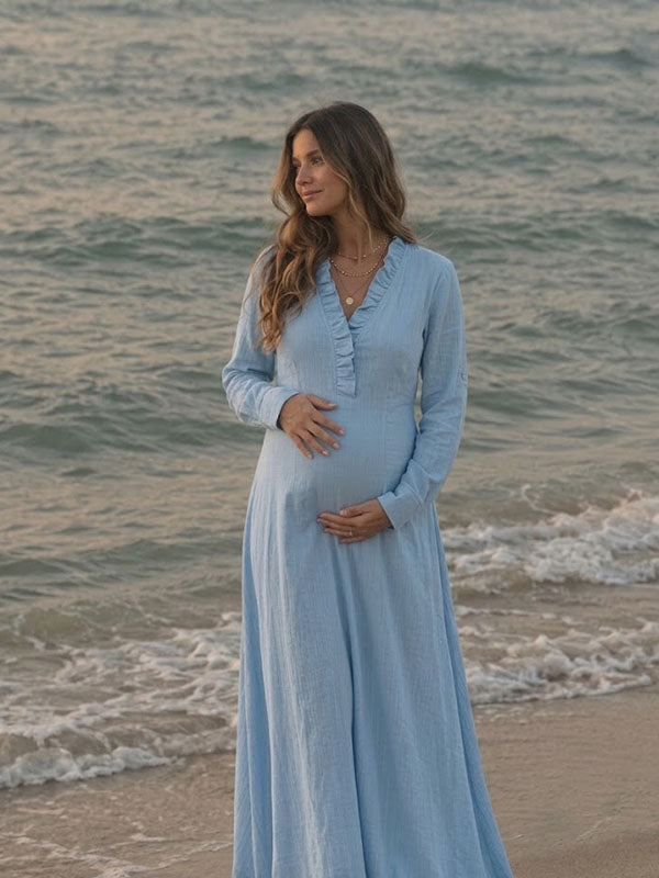 Blue V-Neck Maternity Maxi Gown with Ruffle Neckline and Long Sleeves