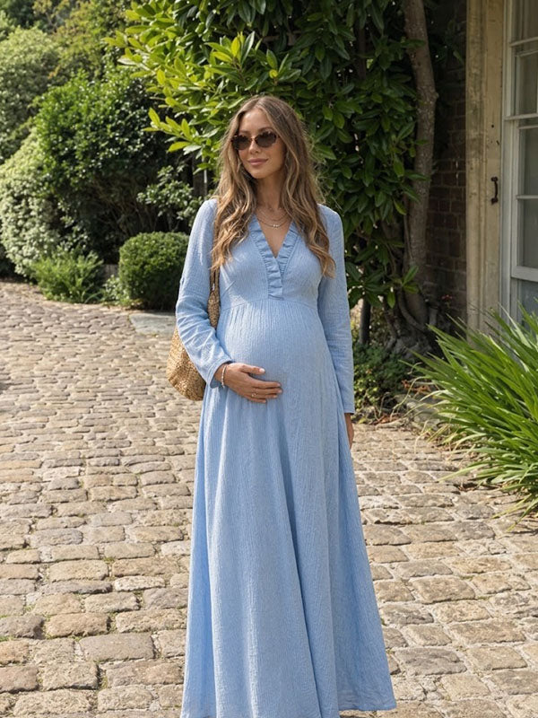 Light Sky Blue Ruffle V-Neck Maternity Maxi Dress with Roll-Up Sleeves Cobblestone Walk