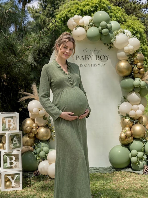 Green Falbala V-Neck Maternity Maxi Dress with Frill Collar for Lawn Baby Shower
