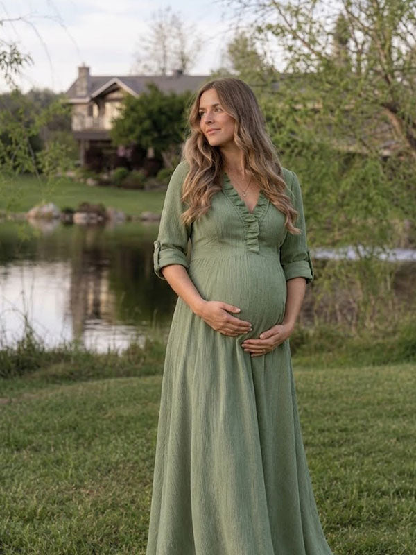 Olive Green Buttonless Ruffle Front Maternity Gown with Long Sleeves for Photos