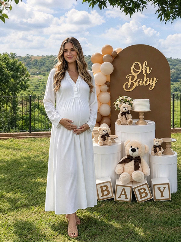 Elegant White V-Neck Ruffle Long Sleeve Maternity Maxi Dress for Baby Shower