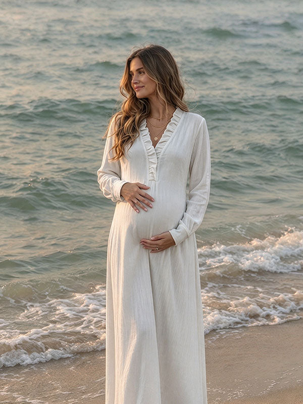 Seaside Breezy White Maternity Dress with Cascading Falbala Frills Beach Sunset