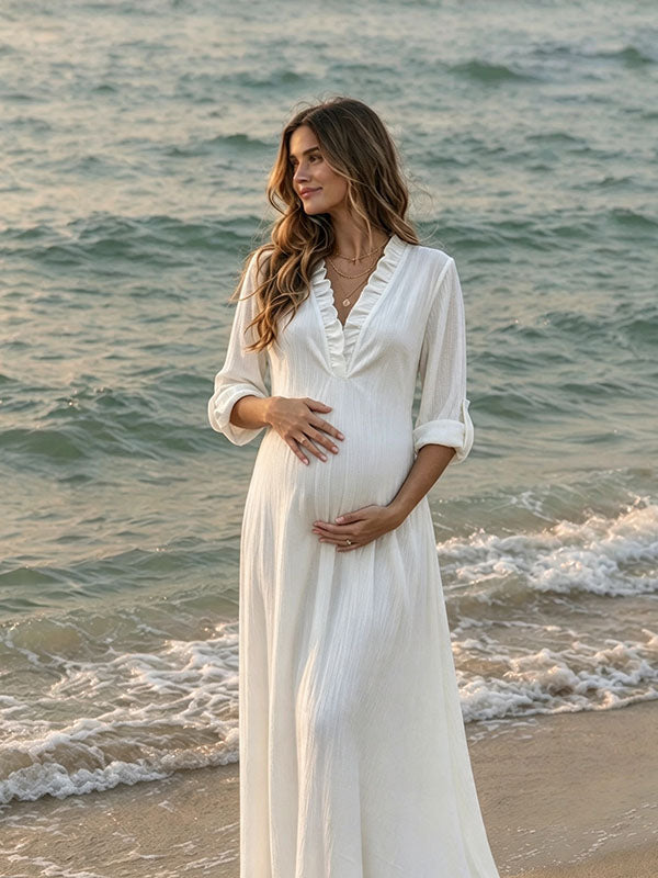 White Falbala Ruffle Collar Maternity Maxi Gown with A-Line Flowy Silhouette