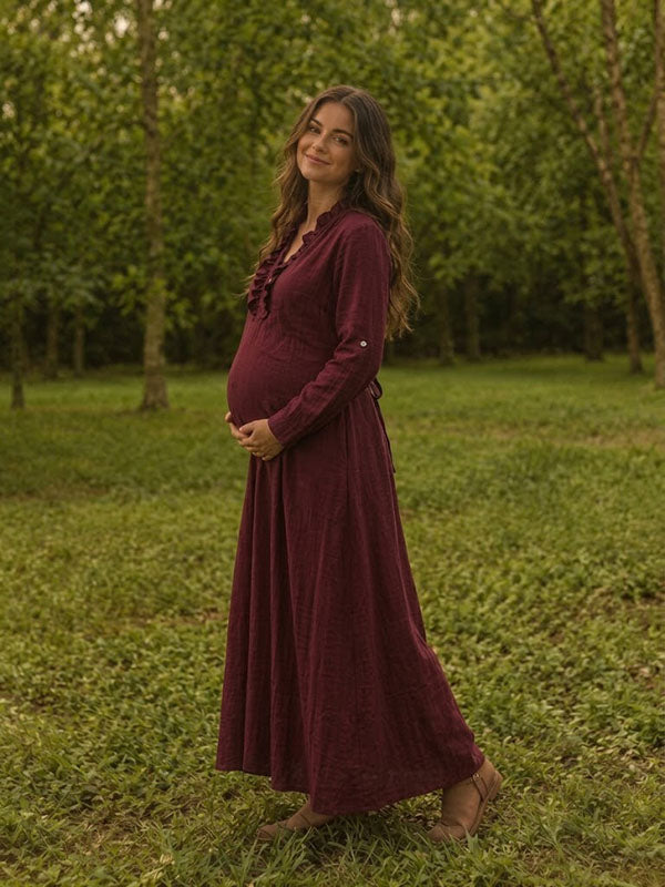 Red Ruffled Front Maternity Maxi Gown with Roll-Up Tabs for Forest Photos