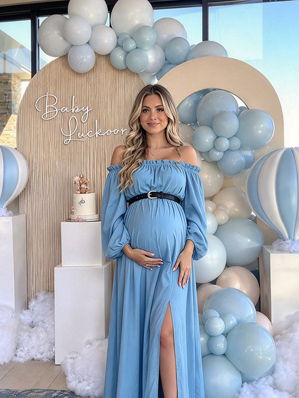 Sky Blue Off-Shoulder Maternity Maxi Gown with High Leg Slit for Baby Shower Event