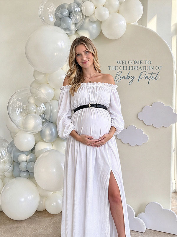 Crisp White Off-the-Shoulder Maternity Gown with Ruffled Neckline for Baby Shower