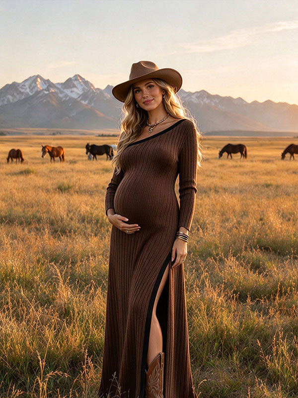 Oblique Shoulder Slit Photoshoot Maternity Maxi Dress | Momyknows