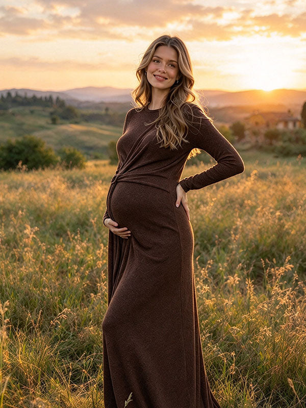 Golden Hour Brown Shimmer Long Sleeve Maternity Photoshoot Gown with Round Neckline