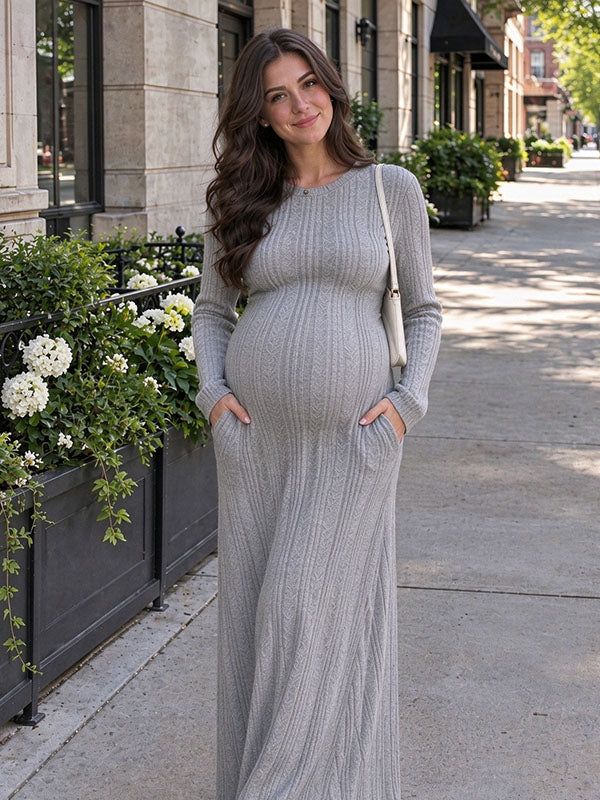 Grey Long Sleeve Knit Maternity Sweater Dress with Crew Neckline Street Style