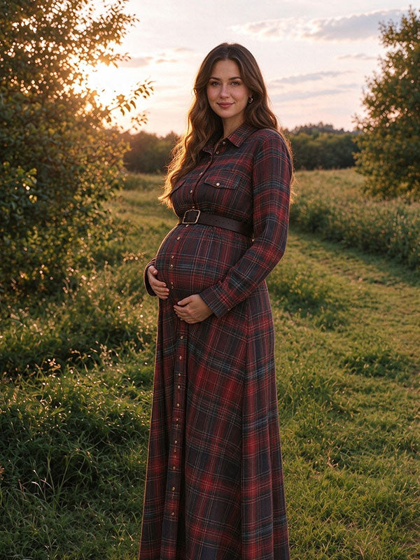 Rustic Red and Navy Plaid Long Sleeve Maternity Maxi Dress for Autumn Field Photoshoot