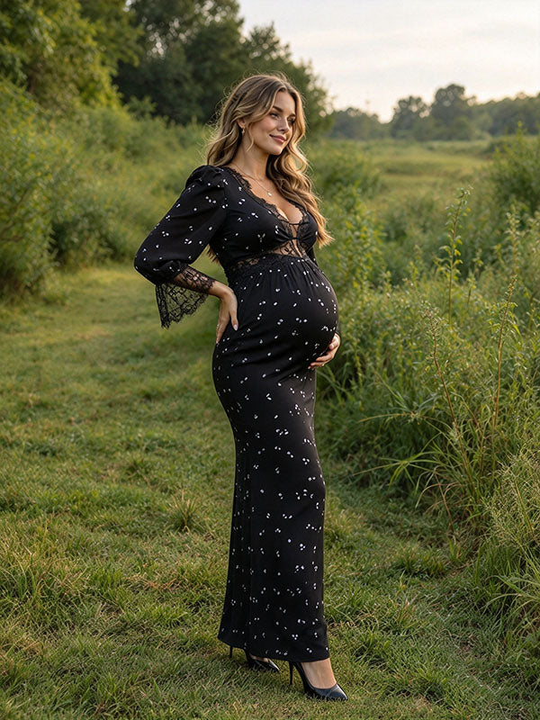 Outdoor Meadow Black Polka Dot Maternity Photoshoot Gown with Eyelash Lace Neckline