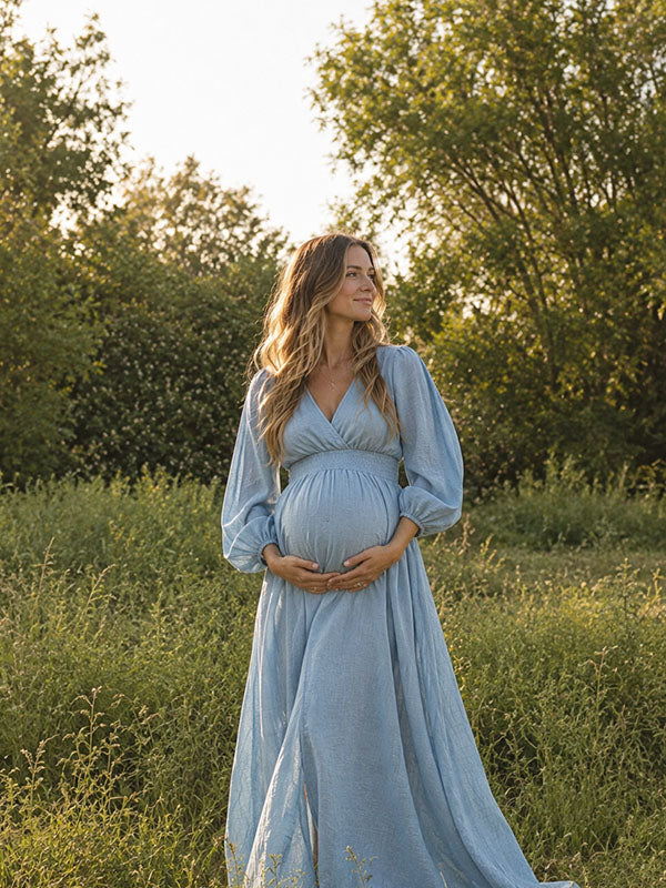 Flowy Blue Wrap Front Maternity Maxi Dress for Sunny Golden Meadow Photoshoot