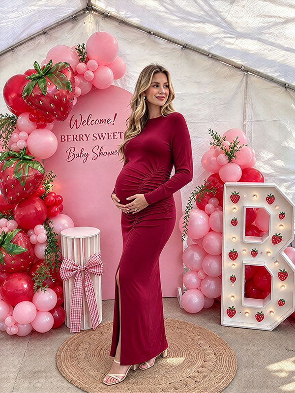 Red Boat Neck Maternity Gown with Side Gathering for Berry Baby Shower