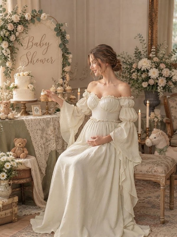 Cream White Corset Style Maternity Maxi Dress with Puff Sleeve Cape for Baby Shower