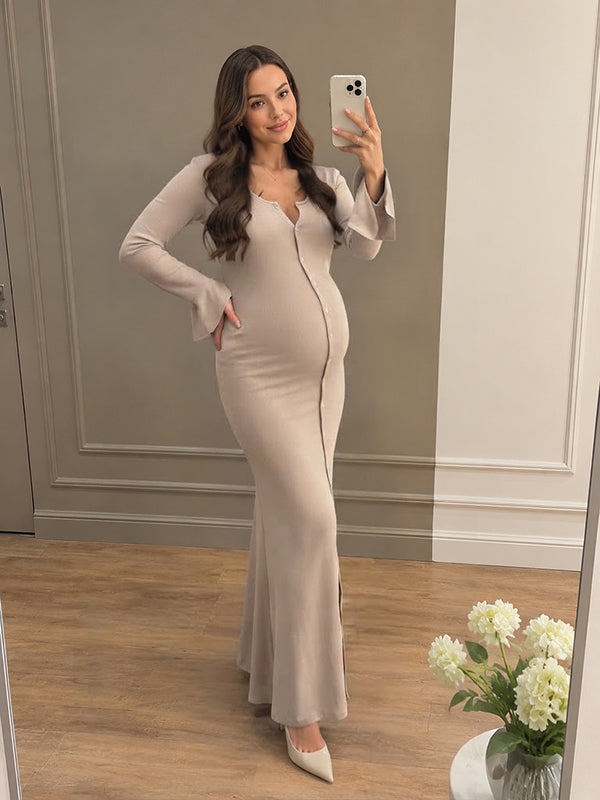 Khaki Single Breasted Maternity Maxi Dress with Flare Sleeves and Crochet Details and Elegant Fit, Daily Wear