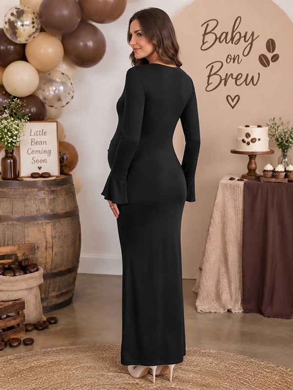 Black Single Breasted Baby Shower Maternity Maxi Dress with Flare Sleeves and Crochet Details Elegant Fit
