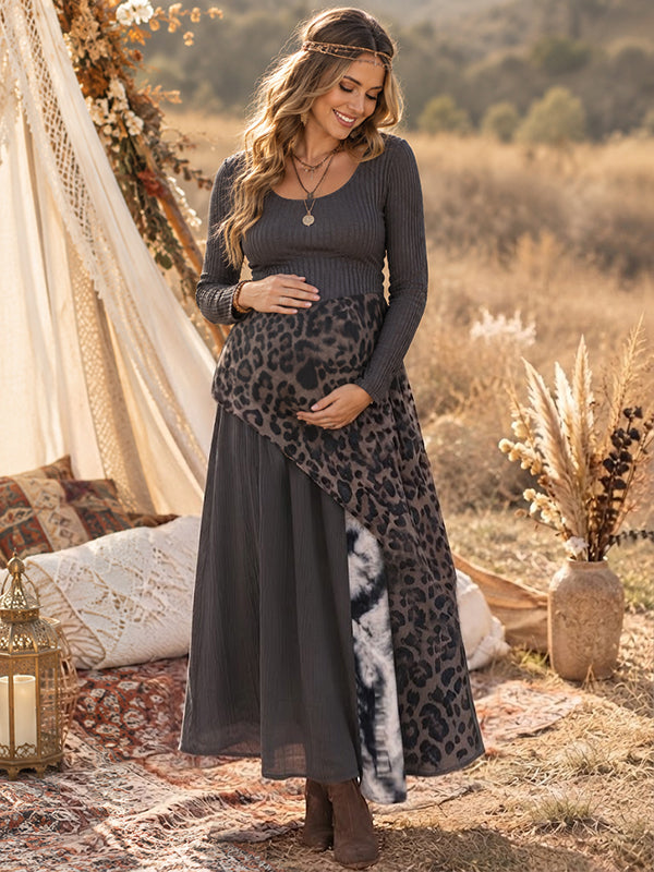 Black Cheetah Maternity Maxi Dress with spliced details and bodycon fit silhouette, for photoshoot and maternity sessions