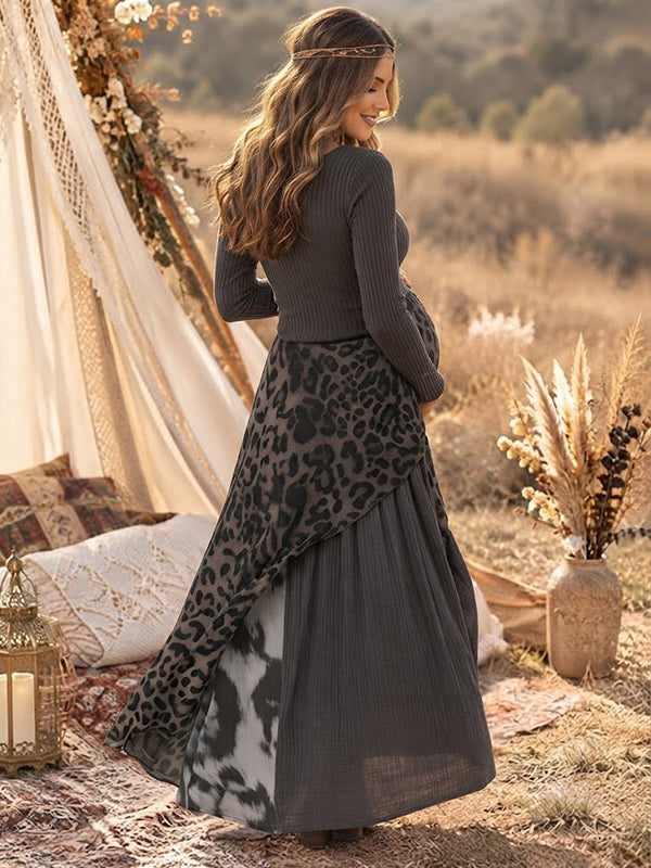 Black Cheetah Maternity Maxi Dress with spliced details bodycon fit silhouette