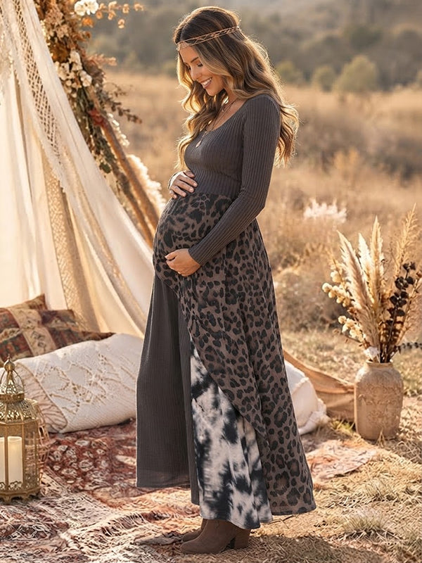 Black Cheetah Maternity Maxi Dress with spliced details