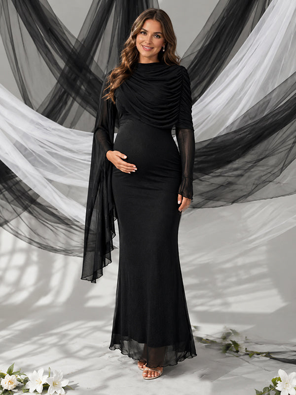 Black Photoshoot Maternity Maxi Dress with ruching details and bodycon fit mesh silhouette, for maternity photoshoot