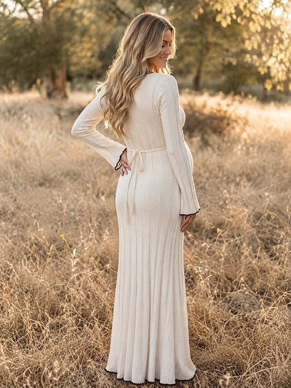 Beige Photoshoot Maternity Maxi Dress with crochet accents