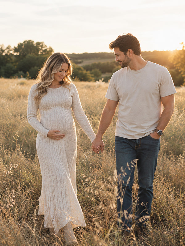 Khaki Photoshoot Maternity Maxi Dress with crochet accents and loose fit maxi silhouette, for maternity photoshoot