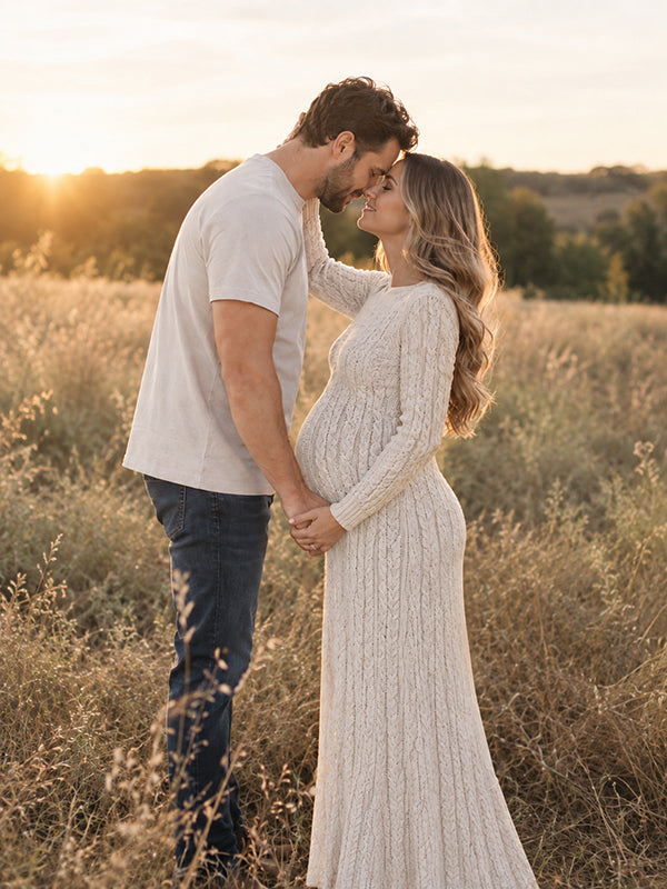 Khaki Photoshoot Maternity Maxi Dress with crochet accents loose fit maxi silhouette
