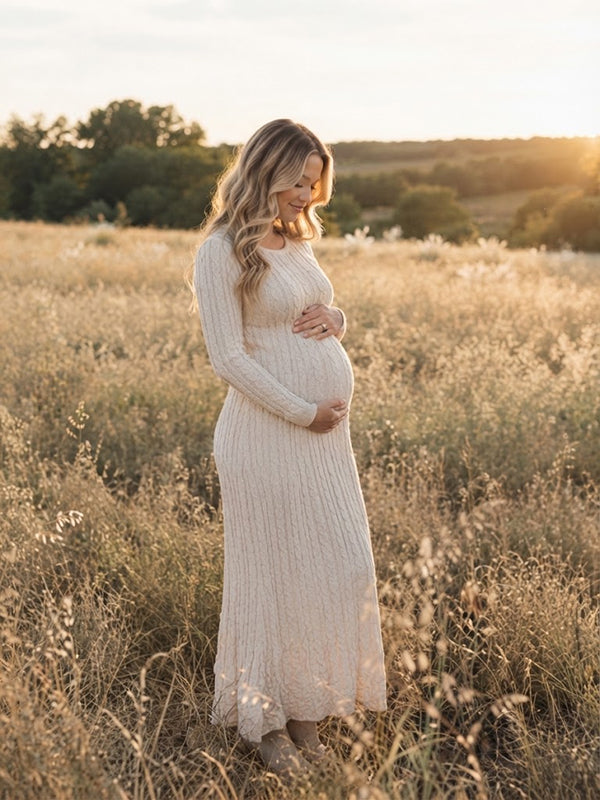 Khaki Photoshoot Maternity Maxi Dress with crochet accents