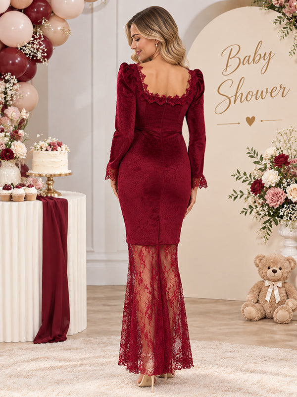 Red Baby Shower Maternity Maxi Dress with spliced lace accents bodycon fit silhouette