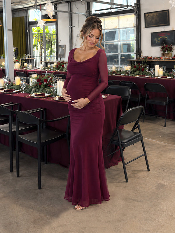Purple Baby Shower Maternity Maxi Dress with swing collar and bodycon silhouette, for baby shower celebration