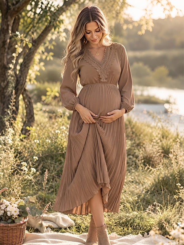 Khaki Photoshoot Maternity Maxi Dress with pleats and lace accents and bodycon silhouette, for celebration