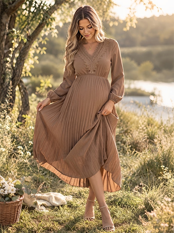 Khaki Photoshoot Maternity Maxi Dress with pleats and lace accents bodycon silhouette