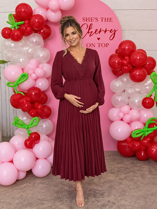 Red Babyshower Maternity Maxi Dress with pleats and lace accents and bodycon silhouette, for baby shower celebration
