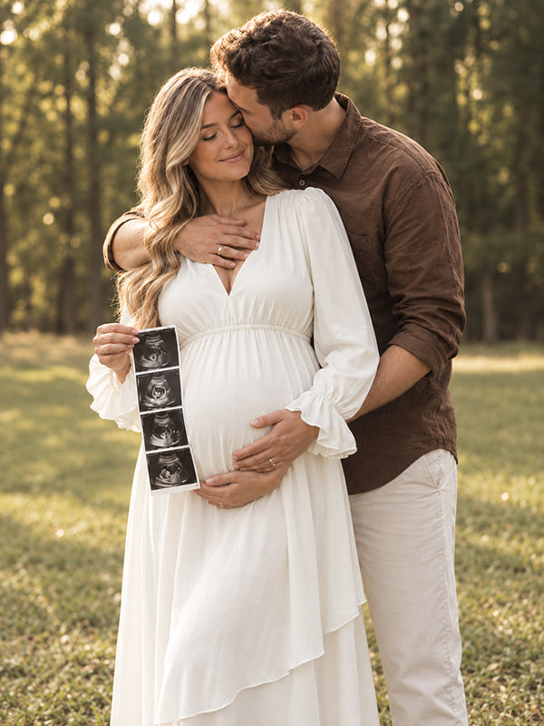 Beige Photoshoot Maternity Maxi Dress with falbala ruffles and irregular bodycon fit silhouette, for maternity photoshoot