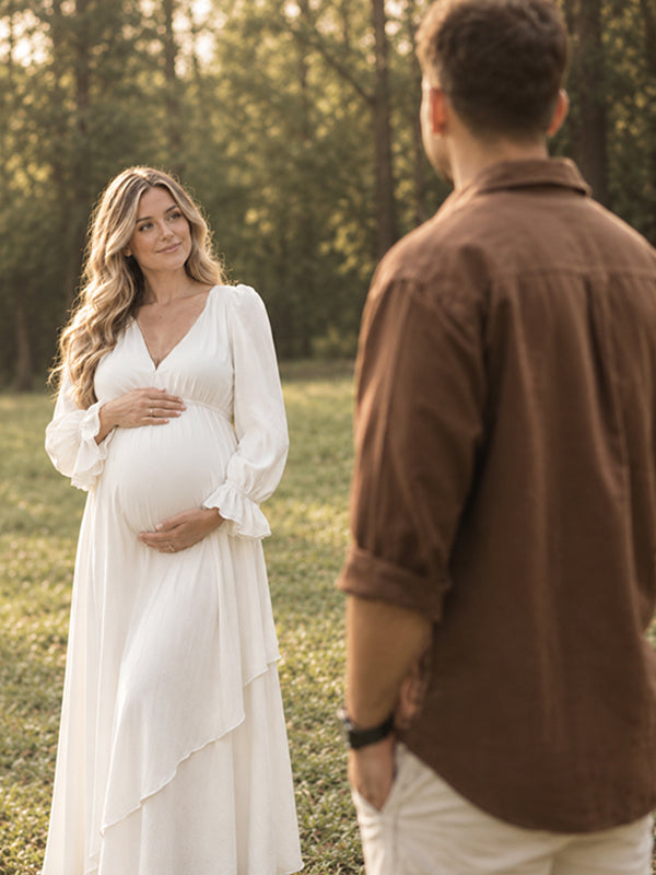 Beige Photoshoot Maternity Maxi Dress with falbala ruffles irregular bodycon fit silhouette