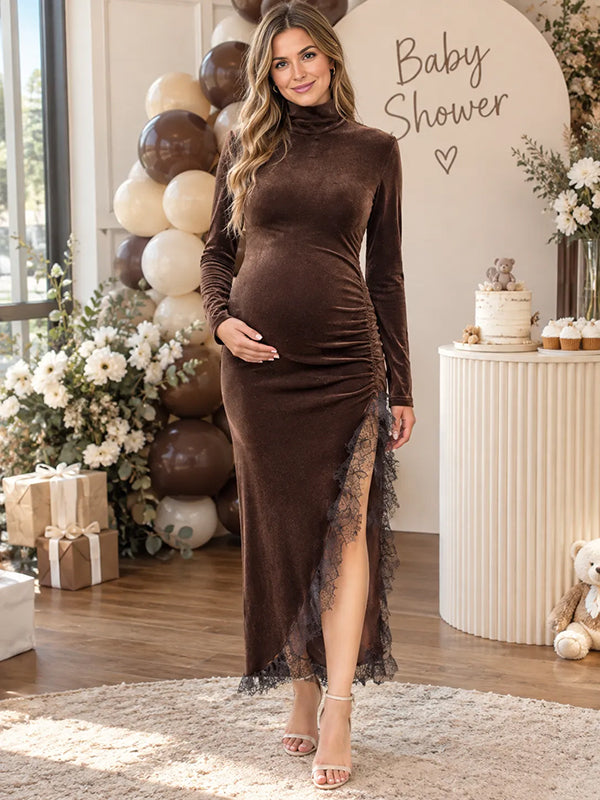 Brown Baby Shower Maternity Maxi Dress with lace, slit, and ruching and bodycon fit silhouette, for baby shower celebration