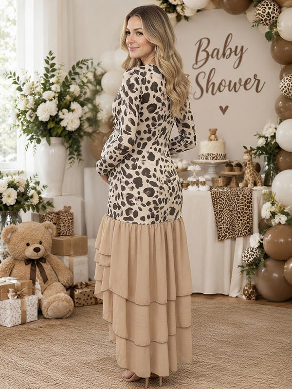 Apricot Cheetah Baby Shower Maternity Maxi with spliced details bodycon fit silhouette