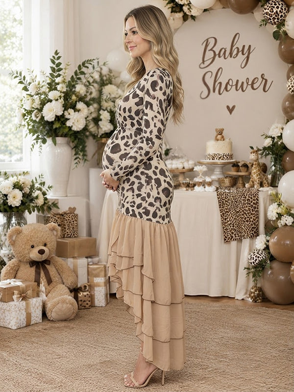 Apricot Cheetah Baby Shower Maternity Maxi with spliced details